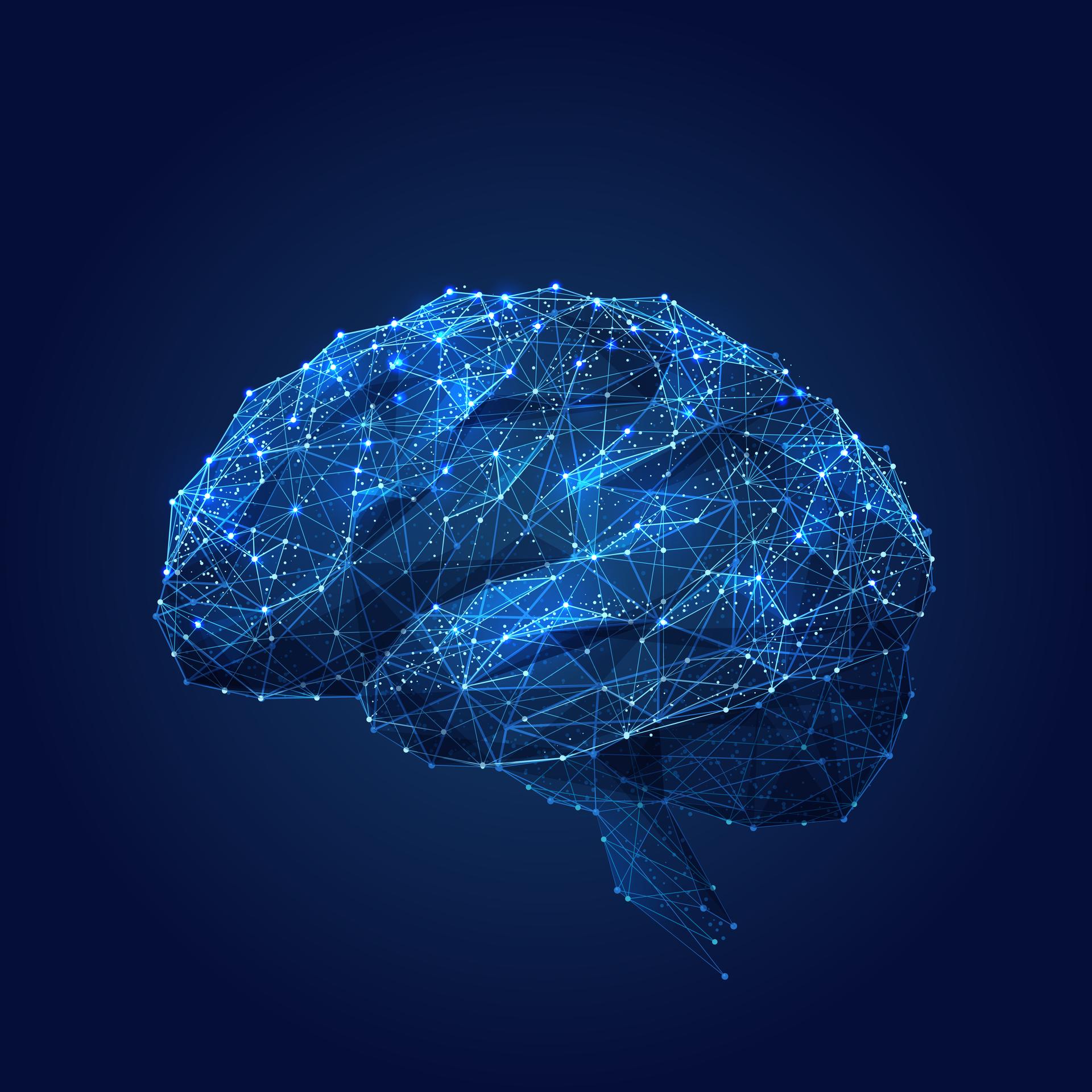 Abstract vector image of a human Brine . Low poly wire frame blue illustration on dark background. Lines and dots. RGB Color mode. Best idea concept. Polygonal art.