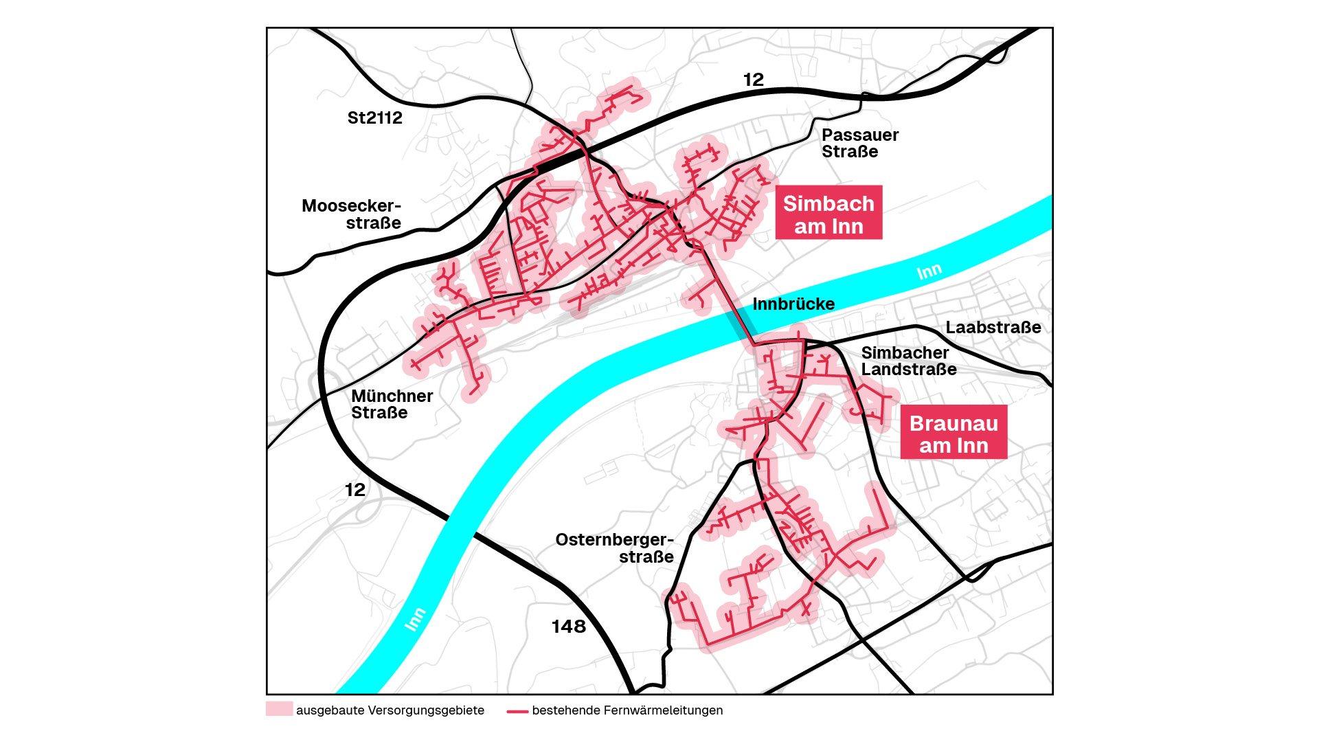 Netzplan des Versorgungsgebietes Geothermie Braunau Simbach